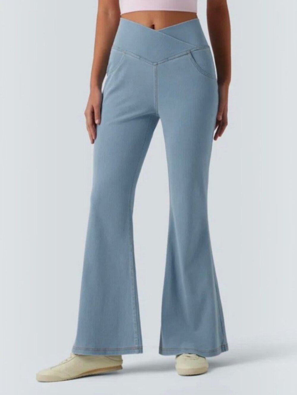 NWT Halara Womens XLarge Petite XLP High Waisted Crossover Flare Blue Jeans 081
